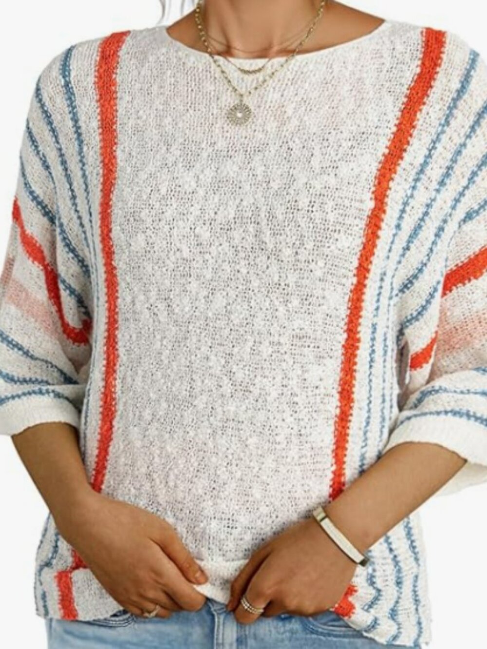 Striped Lightweight Knit  Boho Tops Pullover Sweaters - Medium